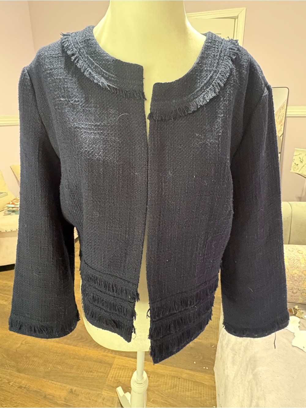 Karl Lagerfeld Navy Fringed Open-Front Women's Cardigan